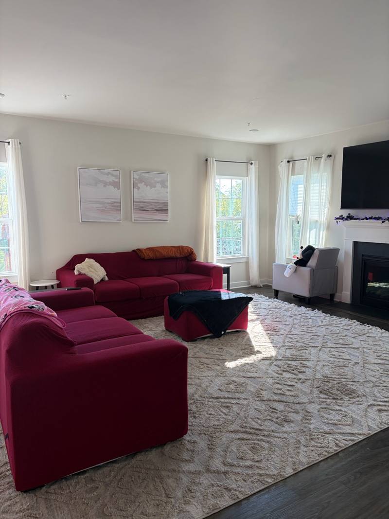 Living room with sectional sofa and rug after a deep clean in Maryland